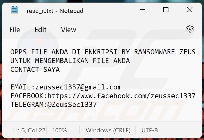 ZEUS (Chaos) ransomware text file (read_it.txt)