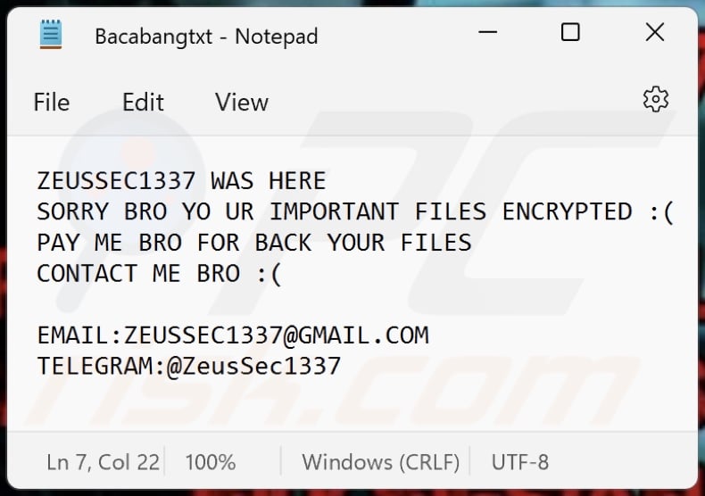 ZEUSSEC1337 ransomware ransom note (Bacabangtxt)