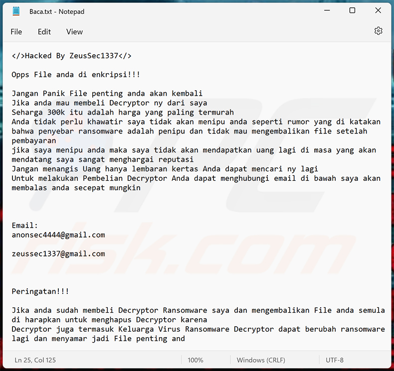Indonesian ZEUSSEC1337 ransom note (Baca.txt)