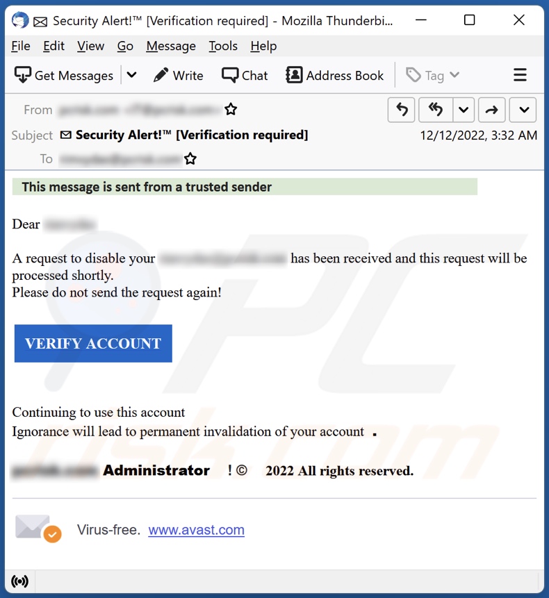 A Request To Disable Your Email Has Been Received email spam campaign