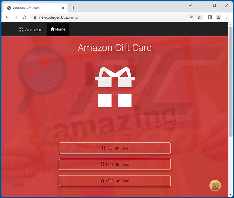 Amazon Gift Card-themed scam website - newcodegen[.]buzz