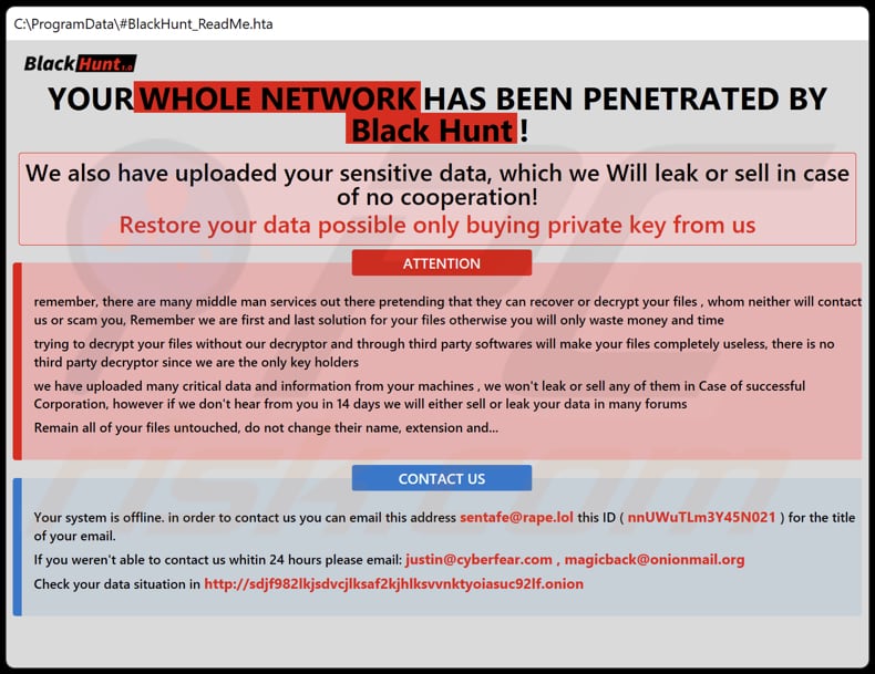 Black Hunt ransomware HTA file (BlackHunt_ReadMe.hta)