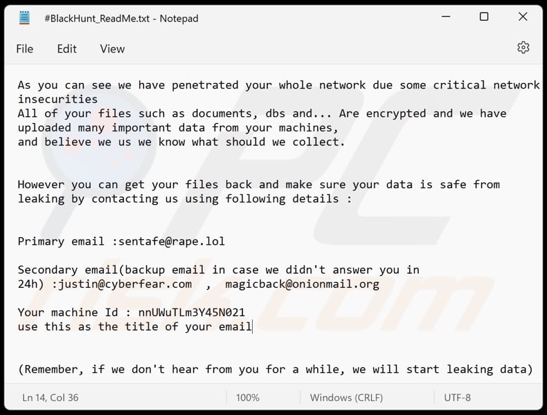 Black Hunt ransomware ransom note in a text file (#BlackHunt_ReadMe.txt)