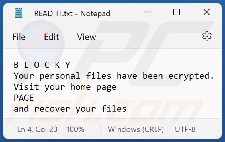 BLOCKY ransomware text file (READ_IT.txt)