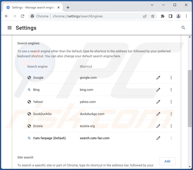 Removing search.cats-fan.com from Google Chrome default search engine