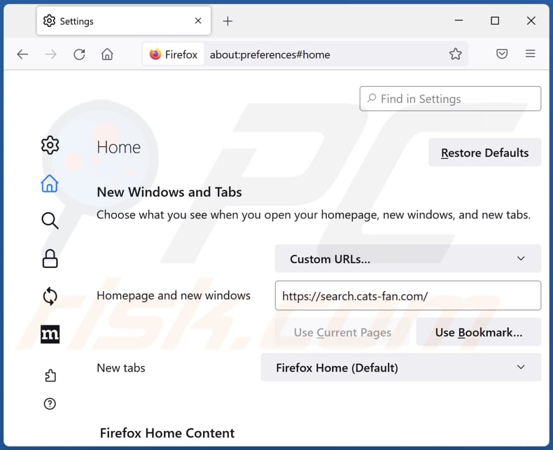 Removing search.cats-fan.com from Mozilla Firefox homepage