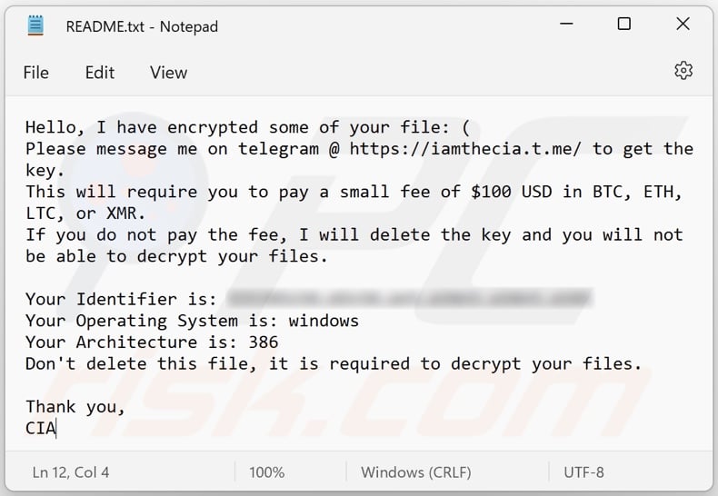 Another CIA ransomware variant ransom note (README.txt)