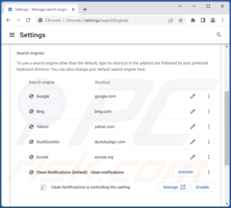 Removing cleannotifications.com from Google Chrome default search engine