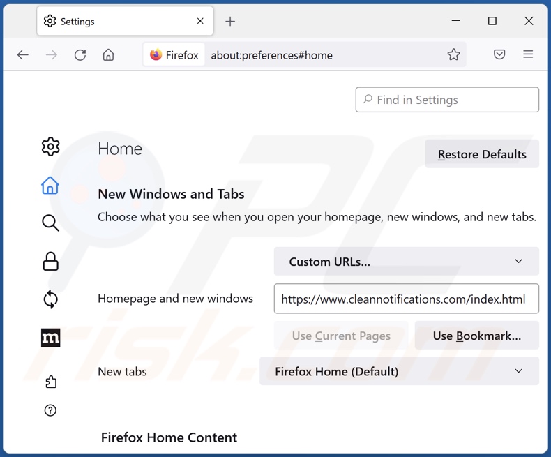 Removing cleannotifications.com from Mozilla Firefox homepage