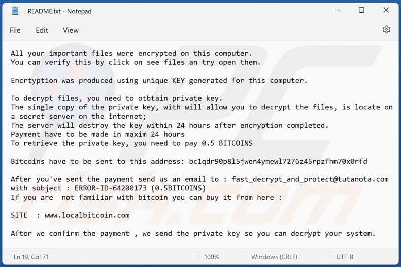 CryWiper ransomware text file (README.txt)