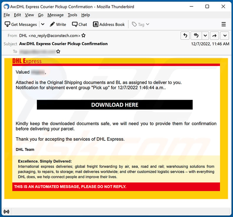 DHL Original Shipping documents spam email (2022-12-09)