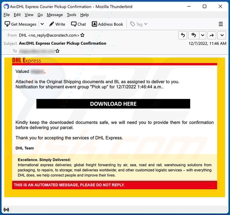 DHL Original Shipping documents spam email (2022-12-09)
