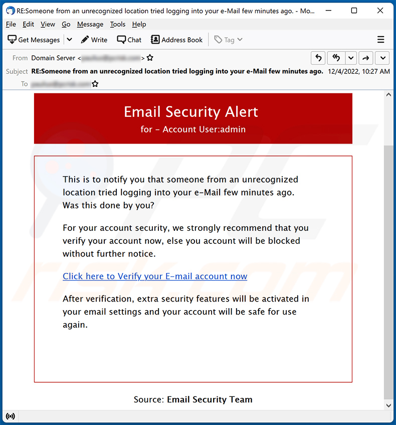 Email Security Alert-themed spam email (2022-12-06)