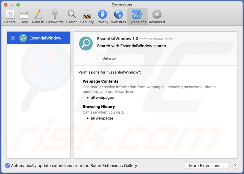 EssentialWindow adware installed on Safari