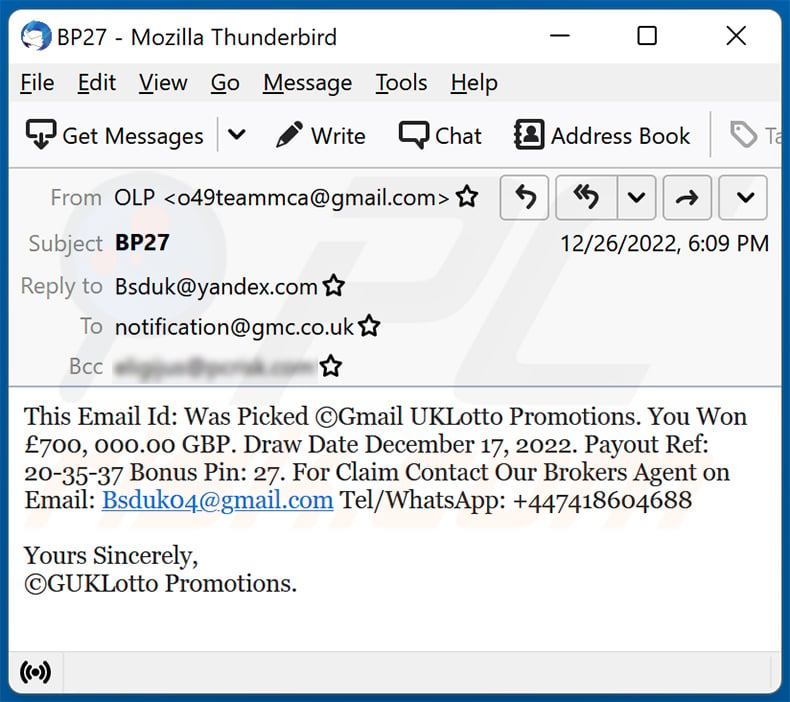 Gmail UKLotto Promotions email scam