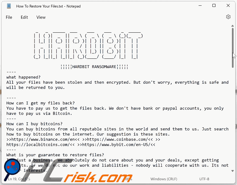 HARDBIT 2.0 Ransomware text file (How To Restore Your Files.txt) appearance
