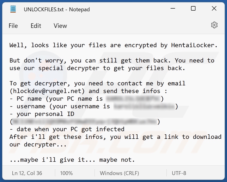 HentaiLocker ransomware ransom note (UNLOCKFILES.txt)