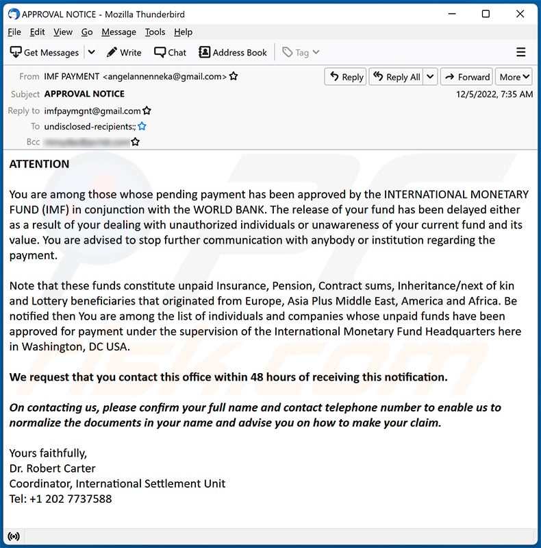 INTERNATIONAL MONETARY FUND (IMF)-themed spam email (2022-12-06)