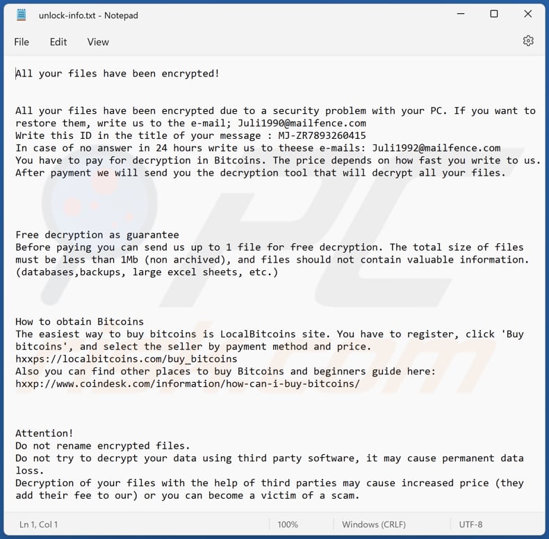 Juli ransomware text file (unlock-info.txt)