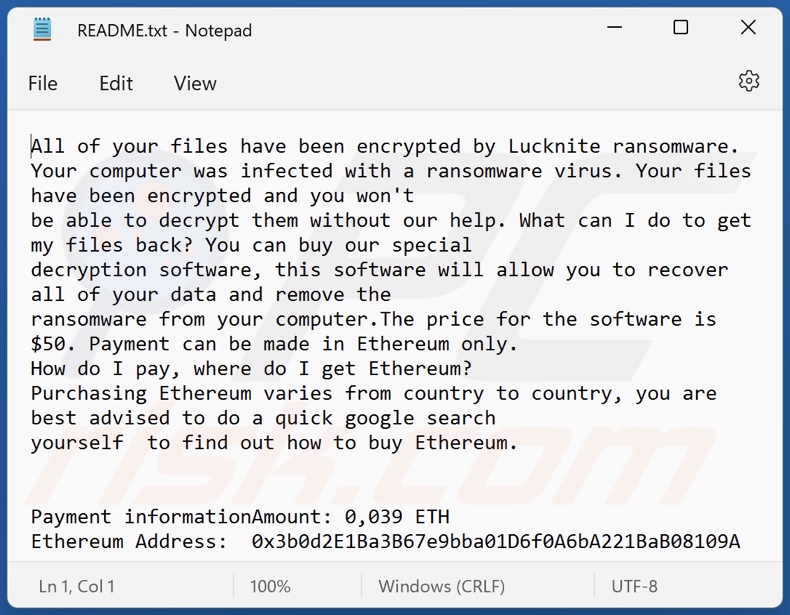 Lucknite (ETH) ransomware ransom note (README.txt)