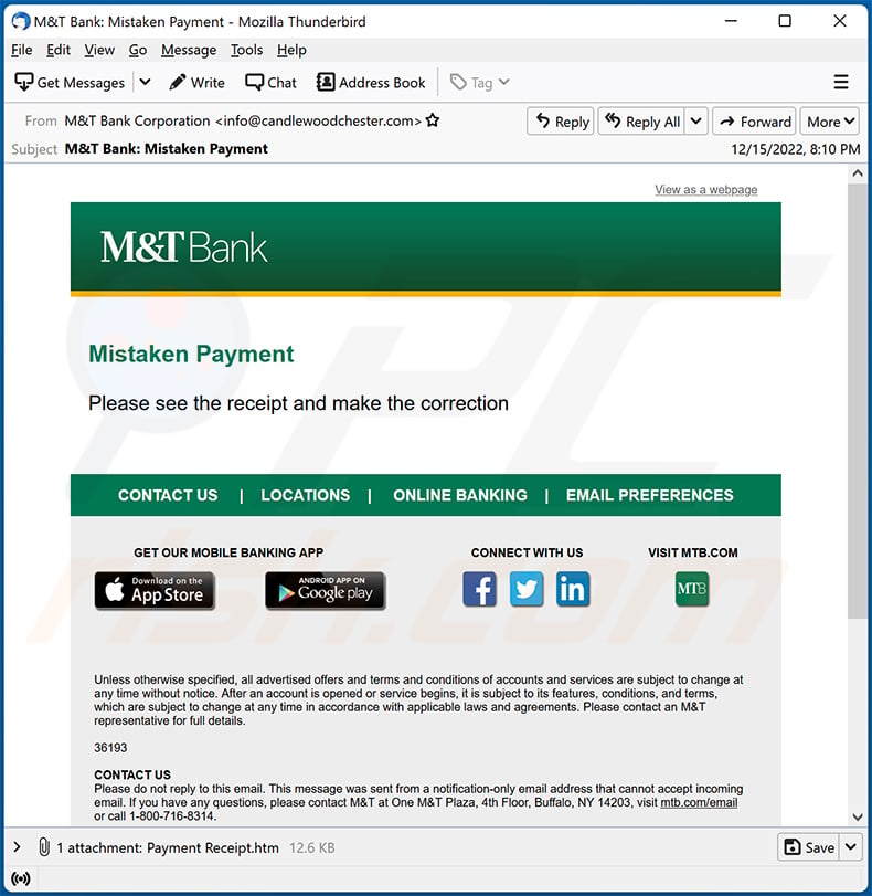 M&T Bank-themed spam email spreading a phishing HTML document (2022-12-16)