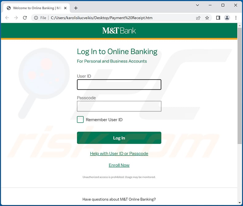 Malicious HTML document distributed via M&T Bank-themed spam email (2022-12-16)