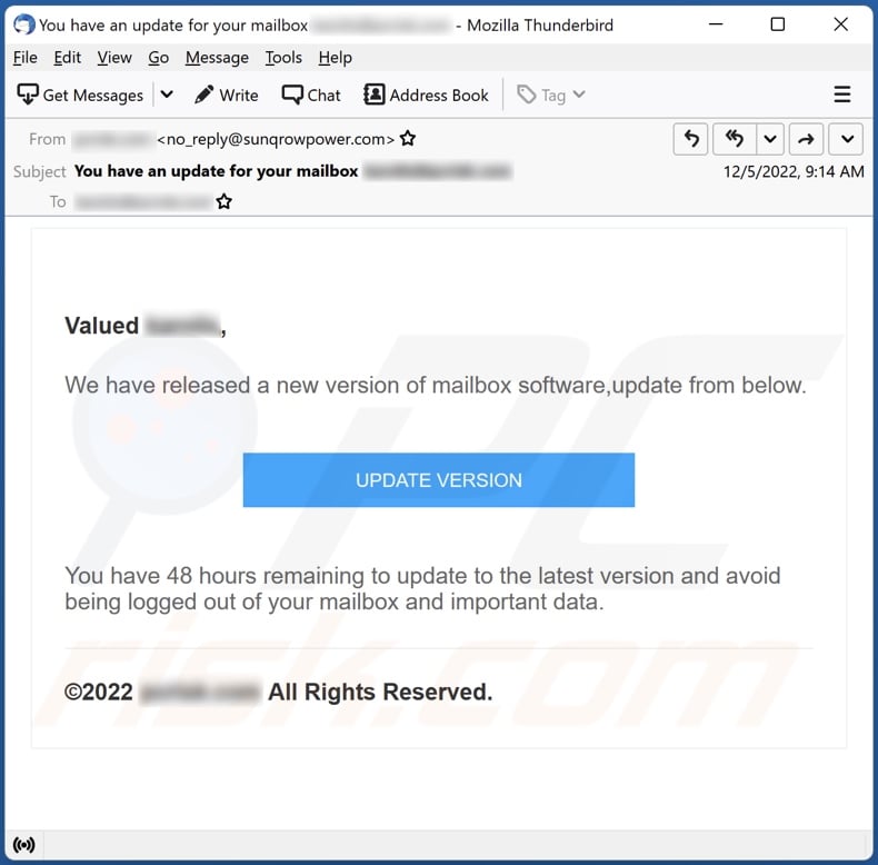 Mailbox Software Update email spam campaign