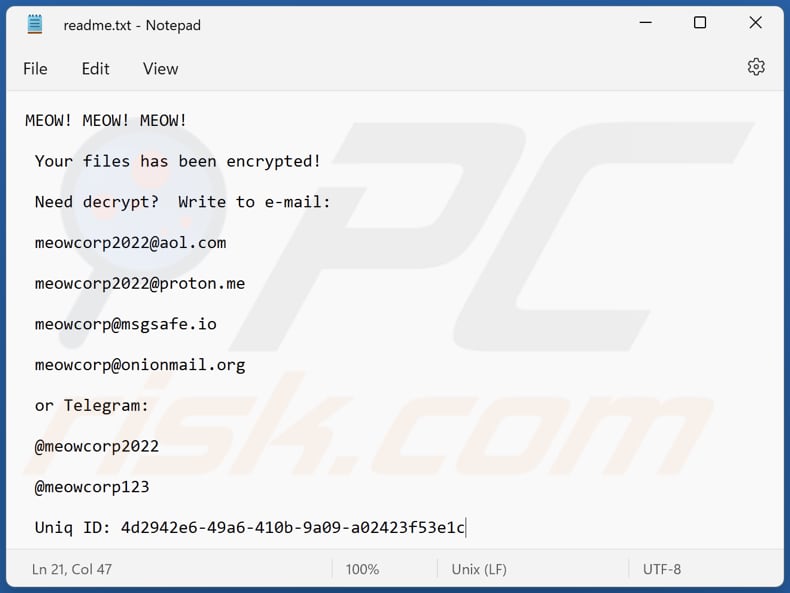 MEOW ransomware text file (readme.txt)