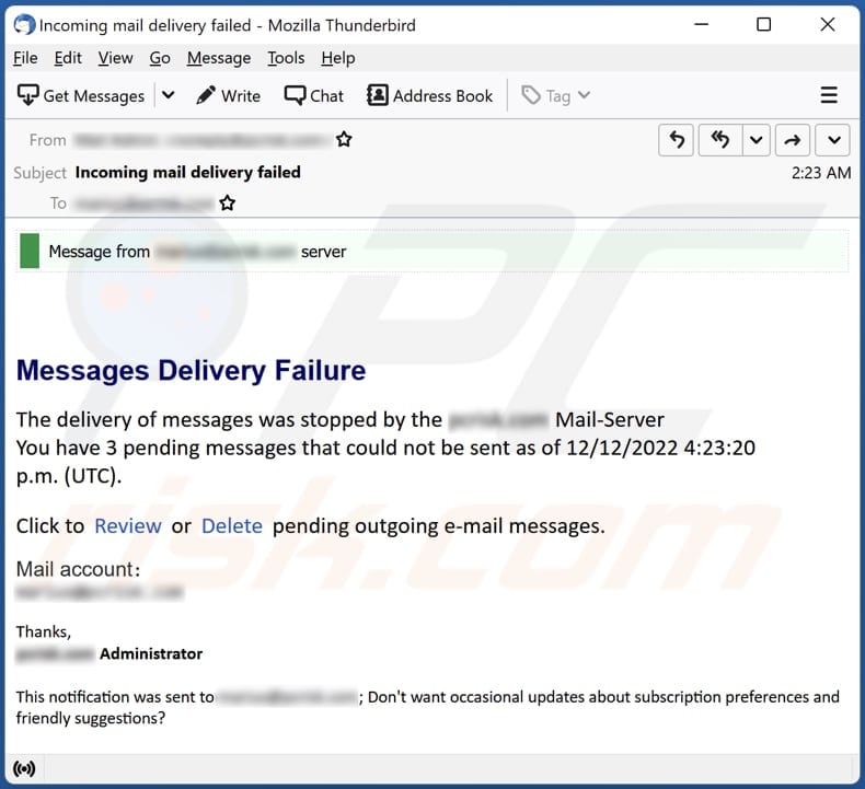 Messages Delivery Failure phishing email