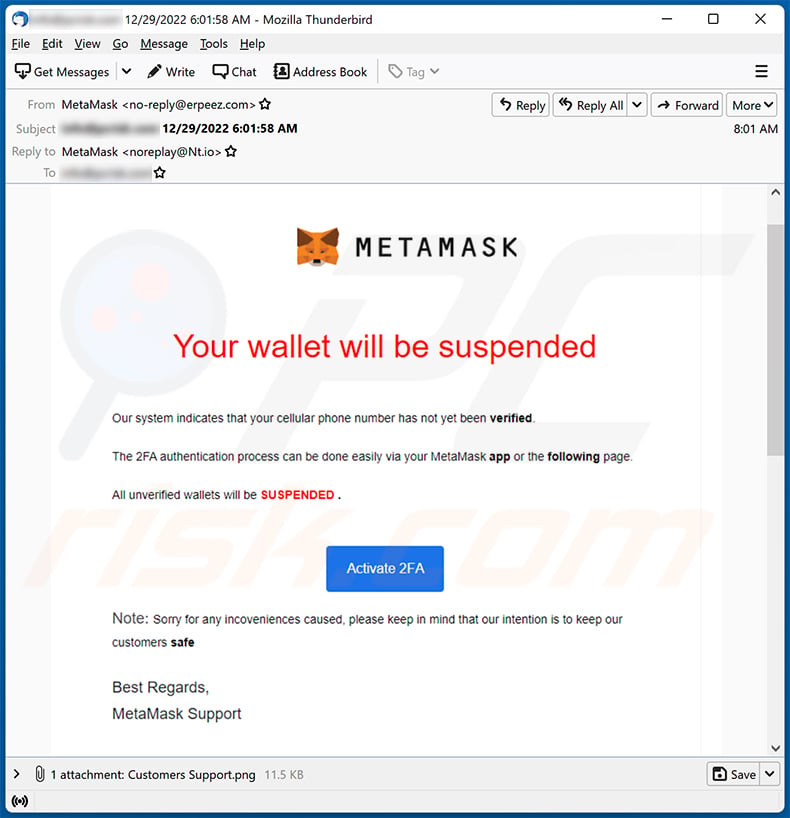 MetaMask-themed spam email (2022-12-29)