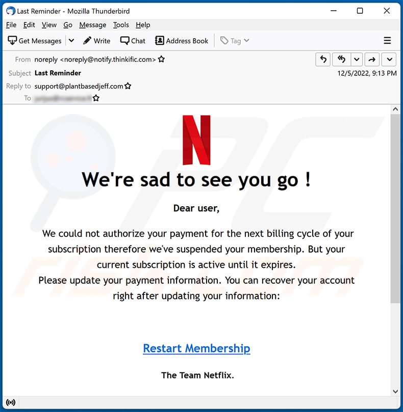 Netflix - We've Suspended Your Membership email spam campaign