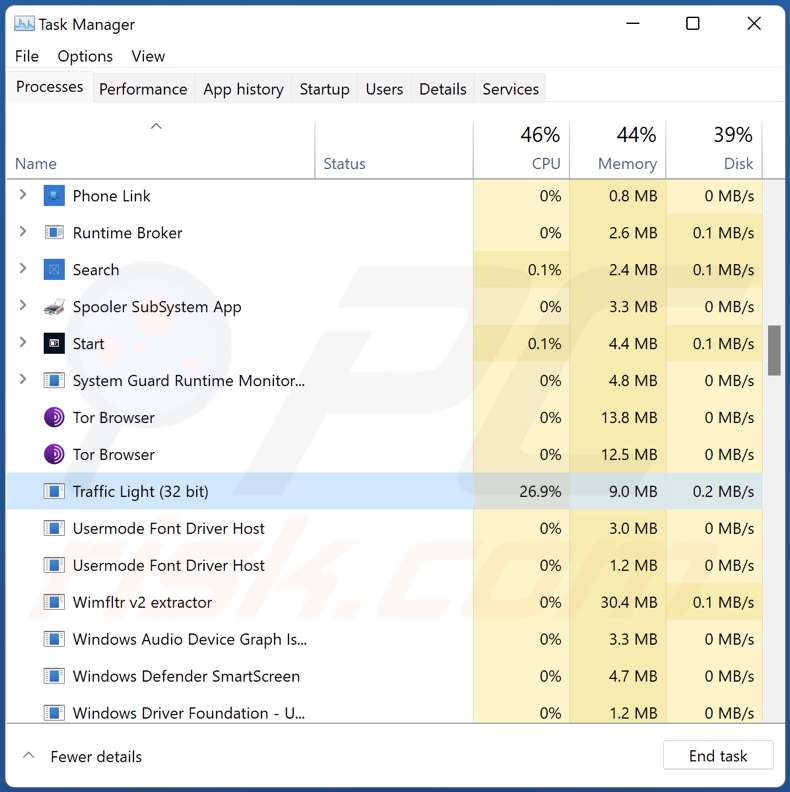 OBZ ransomware process on Task Manager (Traffic Light - process name)