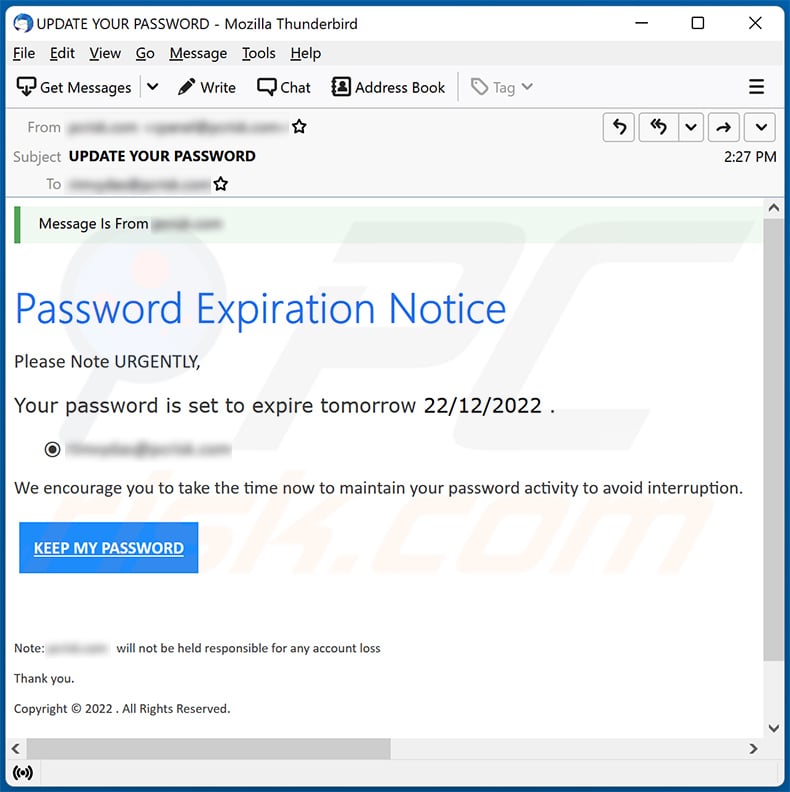 Password Expiration Notice email scam (2022-12-22)