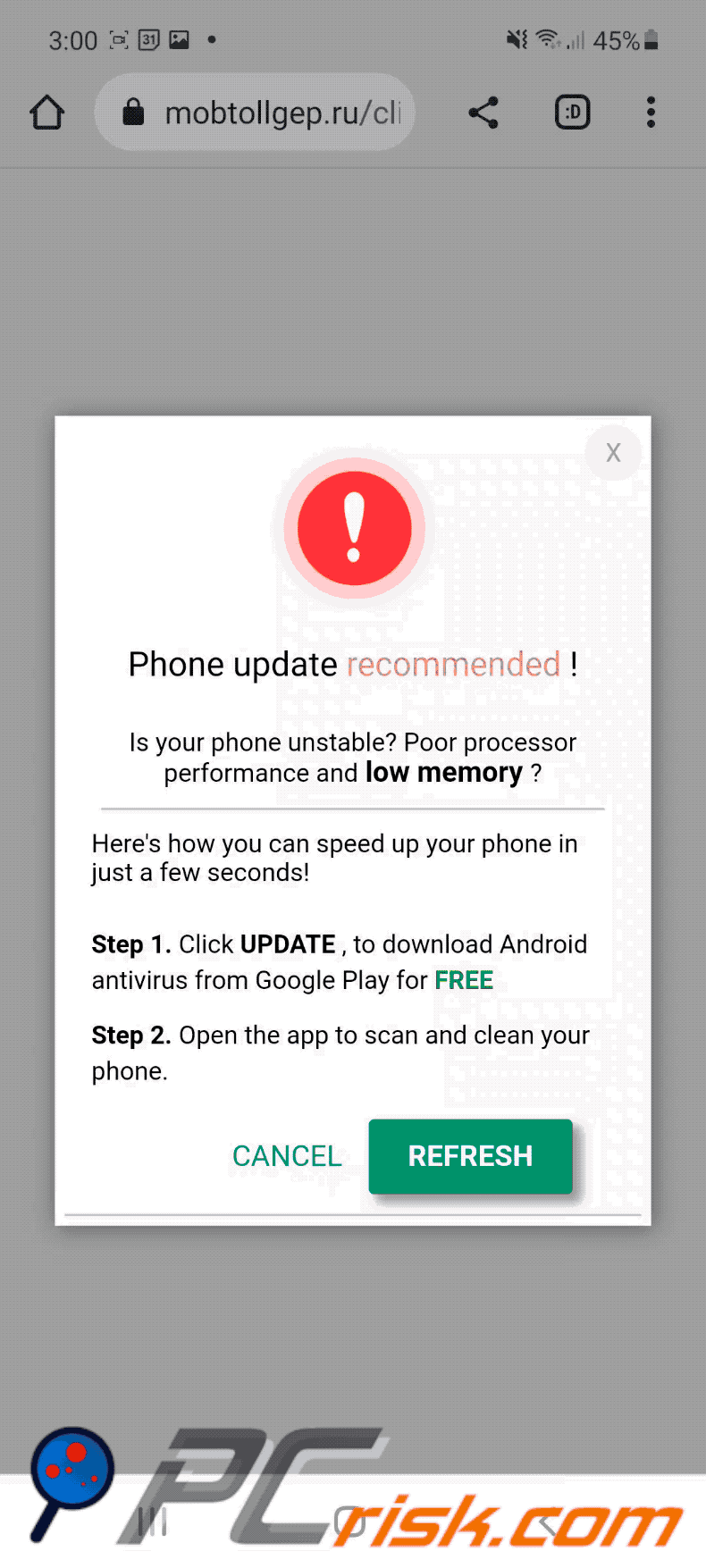 Phone Update Recommended Android scam (2022-12-22 - GIF)