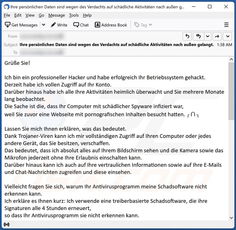 Professional Hacker Managed To Hack Your Operating System scam email German language variant