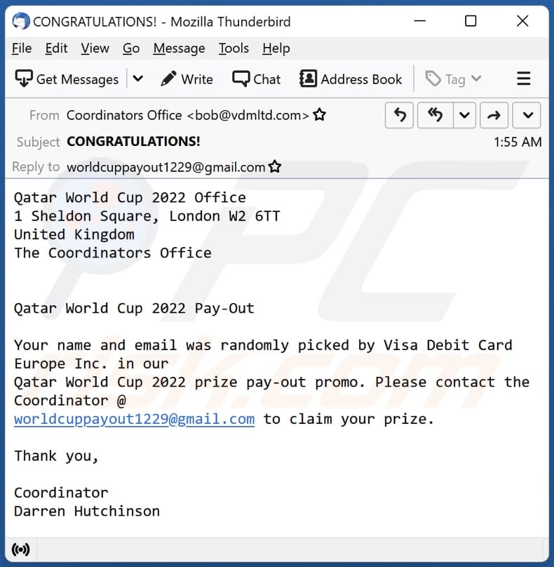 Qatar World Cup 2022 Pay-Out email spam campaign