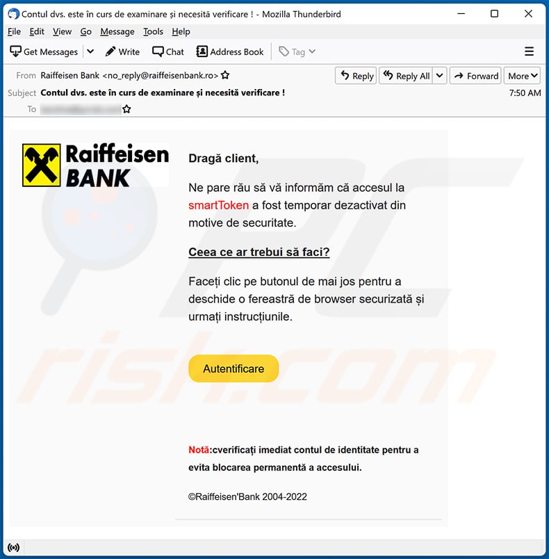 Raiffeisen-themed spam email promoting a phishing site (2022-12-19)