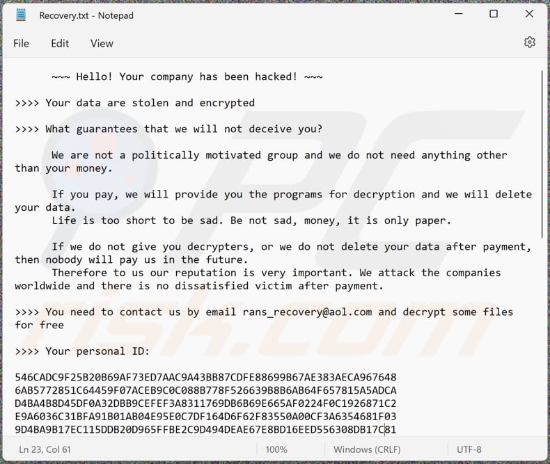 Rans_recovery ransomware text file (Recovery.txt)