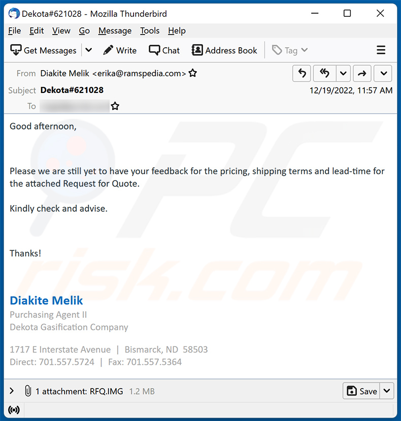 Request for quotation-themed spam email spreading malware (2022-12-21)