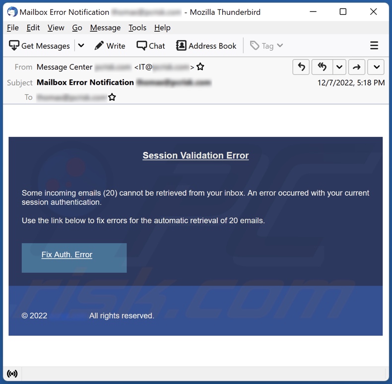 Session Validation Error email spam campaign