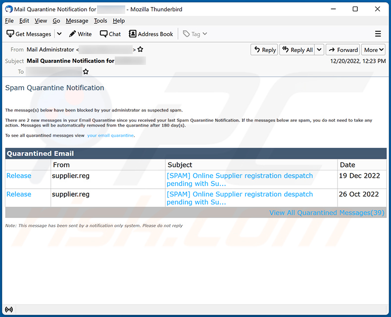 Spam Quarantine Notification-themed email promoting a phishing site