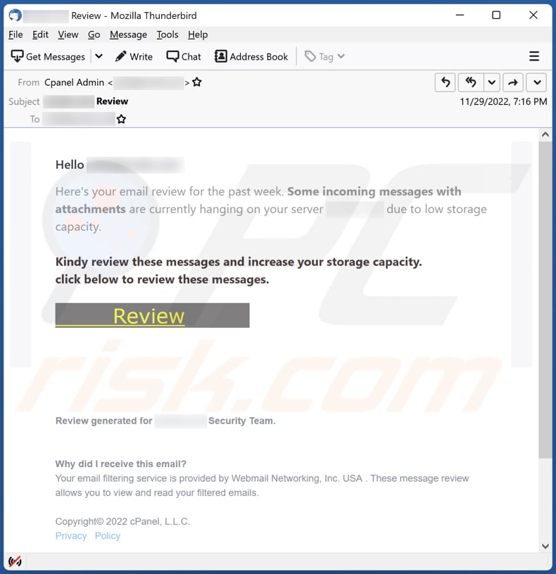 Storage Capacity phishing email