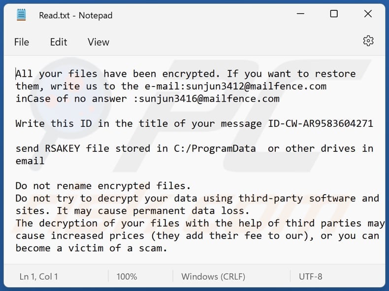Sunjun ransomware text file (Read.txt)