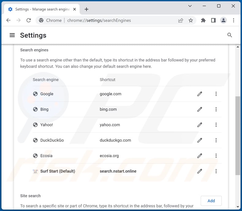 Removing search.nstart.online from Google Chrome default search engine