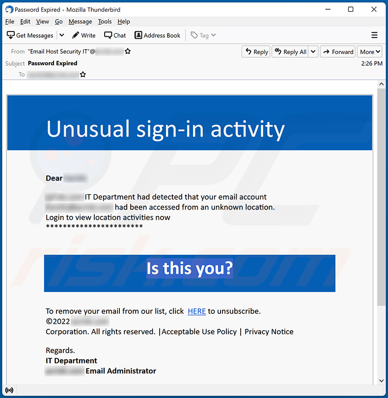 Unusual Sign-in Activity email scam (2022-12-29)