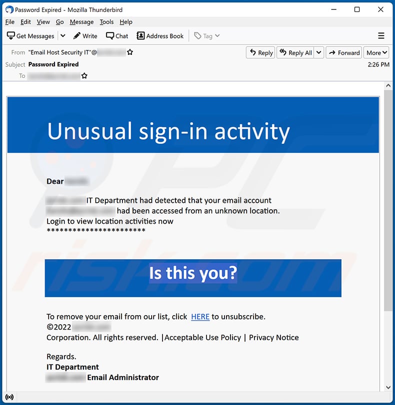 Unusual Sign-in Activity email scam (2022-12-29)