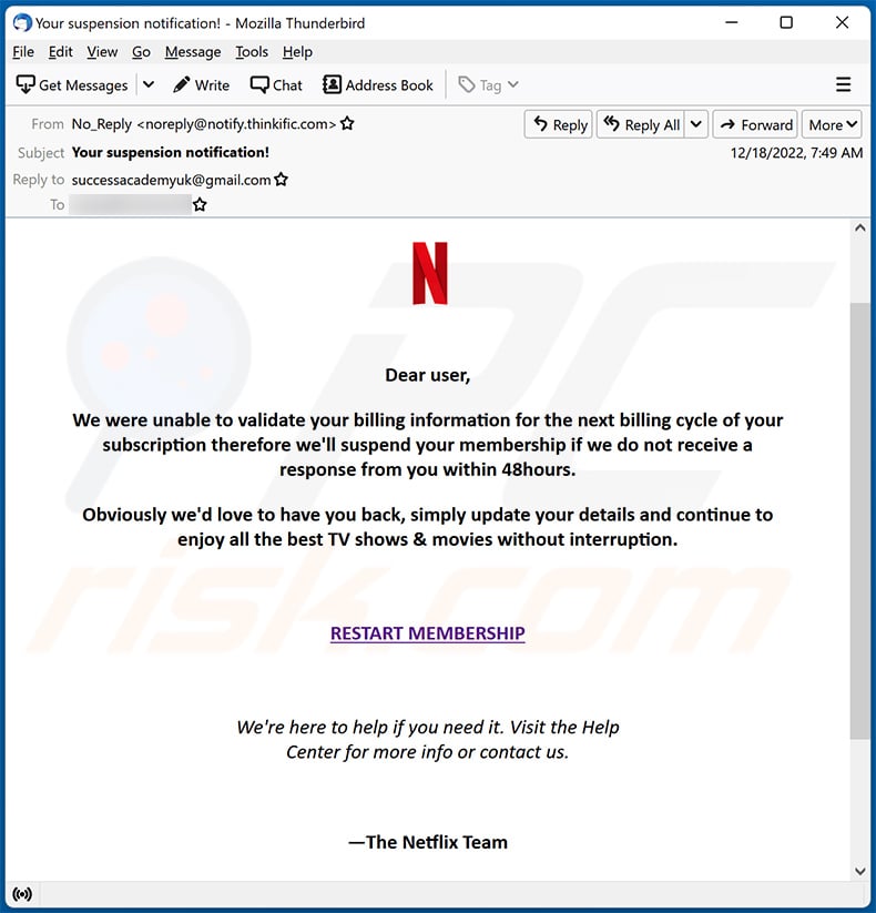 Netflix subscription-themed spam email promoting a phishing site (2022-12-19)