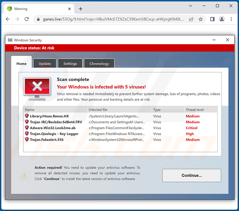 Your Windows is infected with 5 viruses! pop-up scam