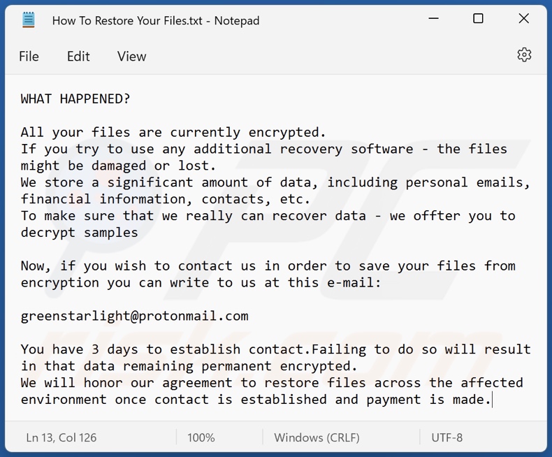 4AGcf ransomware ransom note (How To Restore Your Files.txt)