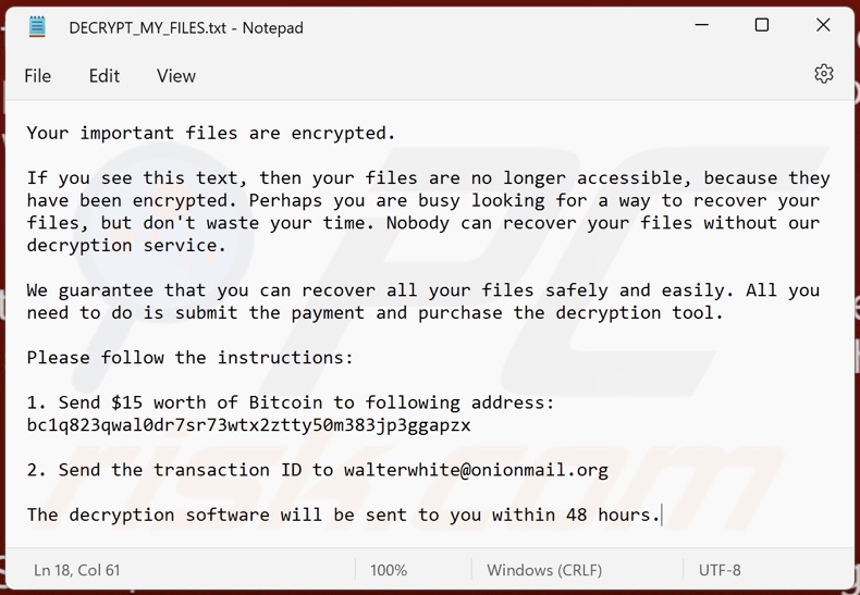 Bettercallsaul ransomware ransom note (DECRYPT_MY_FILES.txt)